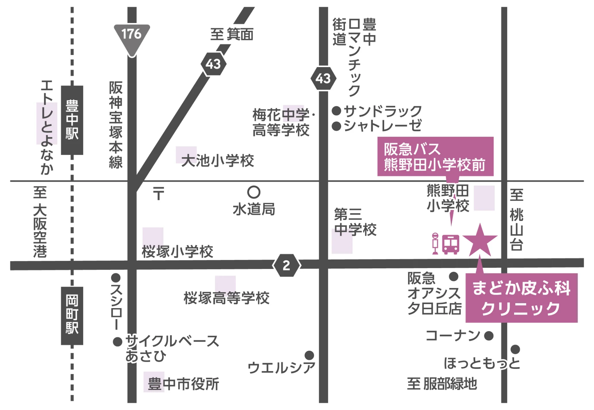 まどか皮ふ科クリニック周辺の地図。阪急バス「熊野田小学校前」バス停そば、府道2号線沿い阪急オアシス夕日丘店近く